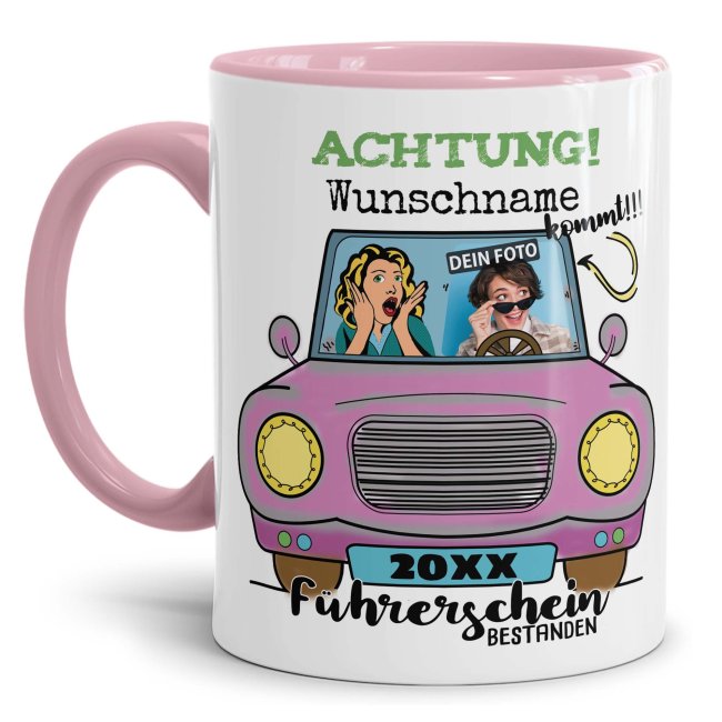 Tasse - F&uuml;hrerschein bestanden - rosa Auto - mit Foto, Name und Jahr - Innen &amp; Henkel Rosa