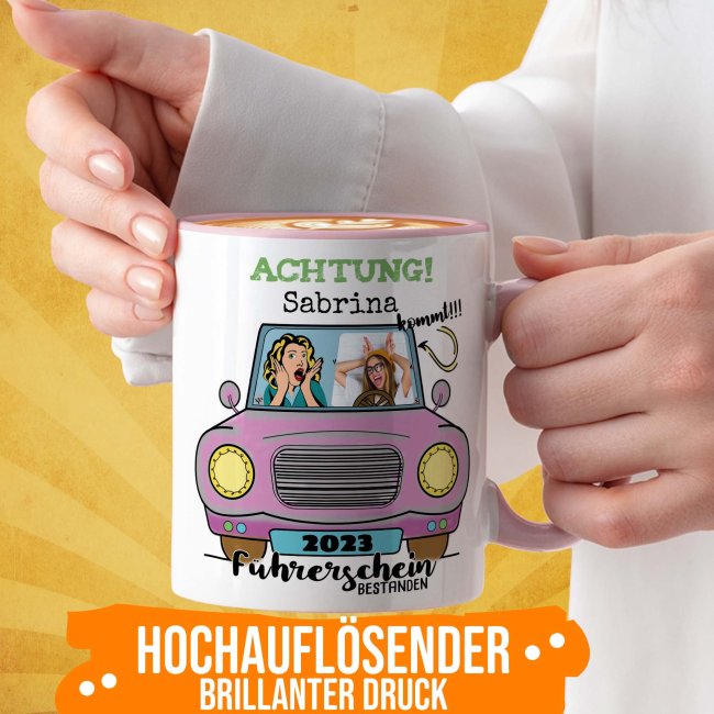 Tasse - F&uuml;hrerschein bestanden - rosa Auto - mit Foto, Name und Jahr - Innen &amp; Henkel Rosa