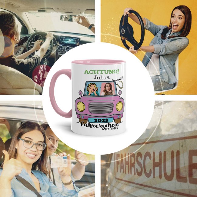 Tasse - F&uuml;hrerschein bestanden - rosa Auto - mit Foto, Name und Jahr - Innen &amp; Henkel Rosa