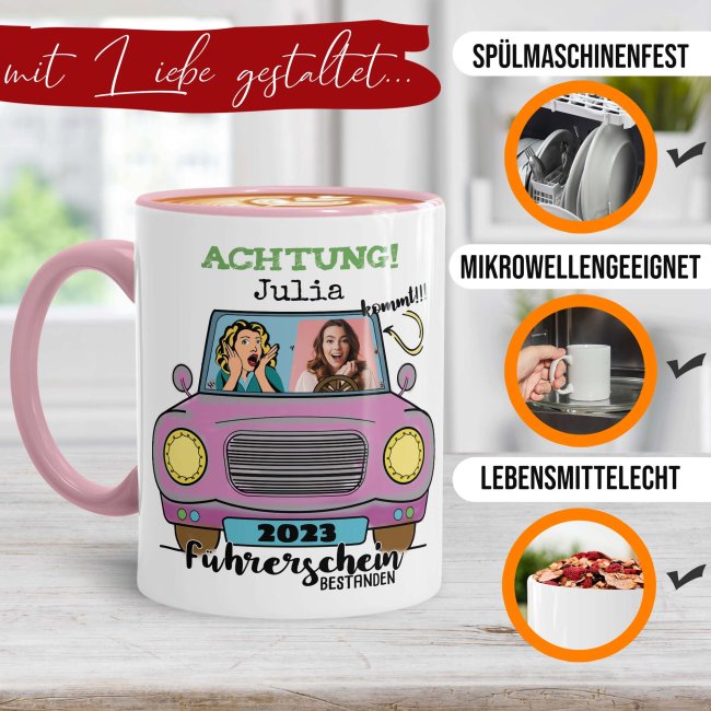 Tasse - F&uuml;hrerschein bestanden - rosa Auto - mit Foto, Name und Jahr - Innen &amp; Henkel Rosa