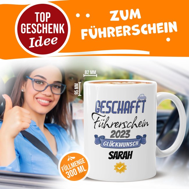 Tasse - F&uuml;hrerschein geschafft - mit Jahr und Name personalisierbar