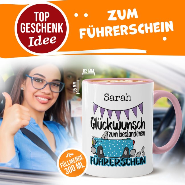 Tasse - Gl&uuml;ckwunsch zum F&uuml;hrerschein - mit Name personalisierbar