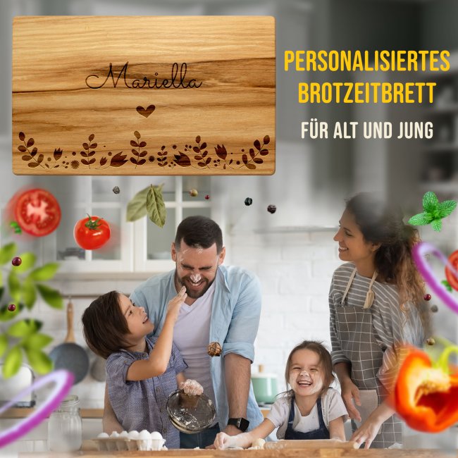 Fr&uuml;hst&uuml;cksbrett mit Gravur - Blumenmotiv - mit Name personalisierbar