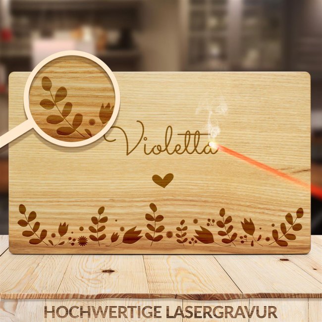 Fr&uuml;hst&uuml;cksbrett mit Gravur - Blumenmotiv - mit Name personalisierbar