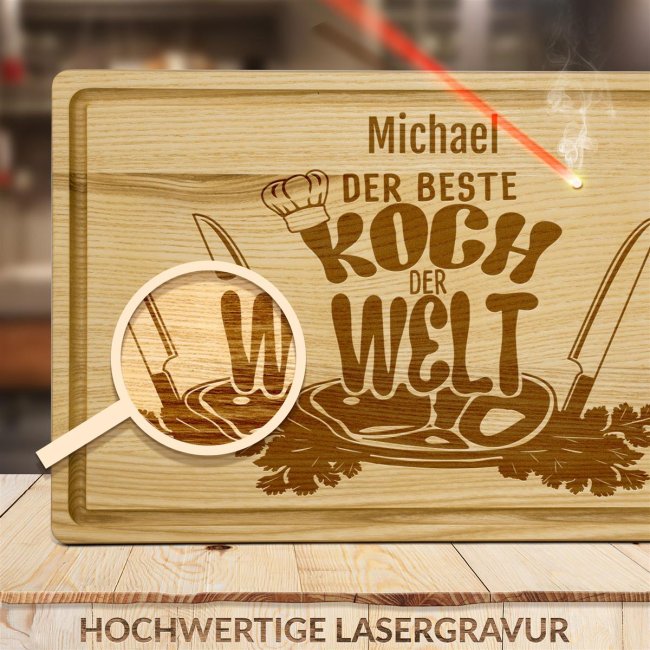 Gro&szlig;es Schneidebrett mit Gravur - Bester Koch der Welt - mit Name personalisierbar