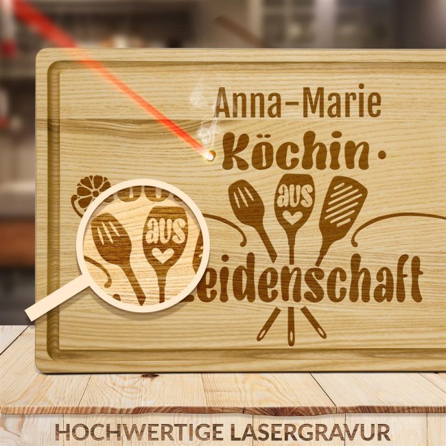 Gro&szlig;es Schneidebrett mit Gravur - K&ouml;chin aus Leidenschaft - mit Name personalisierbar