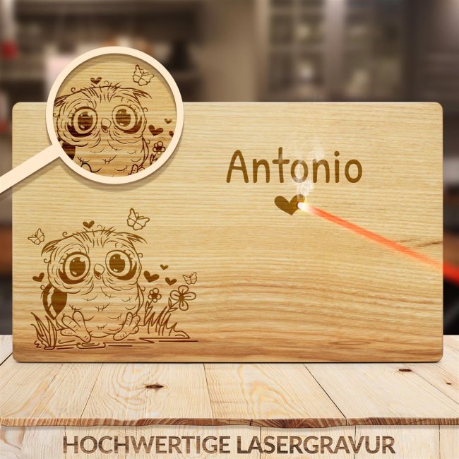 Fr&uuml;hst&uuml;cksbrett mit Gravur - Eule - mit Name personalisierbar