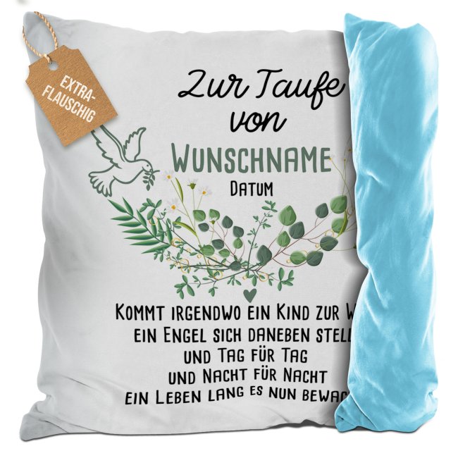 Kuscheliges Taufkissen - Kommt ein Kind zur Welt - mit Name und Datum personalisierbar - Hellblau Flauschig