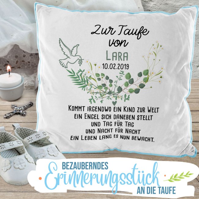 Kuscheliges Taufkissen - Kommt ein Kind zur Welt - mit Name und Datum personalisierbar - Hellblau Flauschig