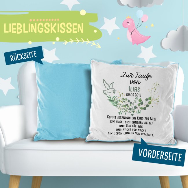 Kuscheliges Taufkissen - Kommt ein Kind zur Welt - mit Name und Datum personalisierbar - Hellblau Flauschig