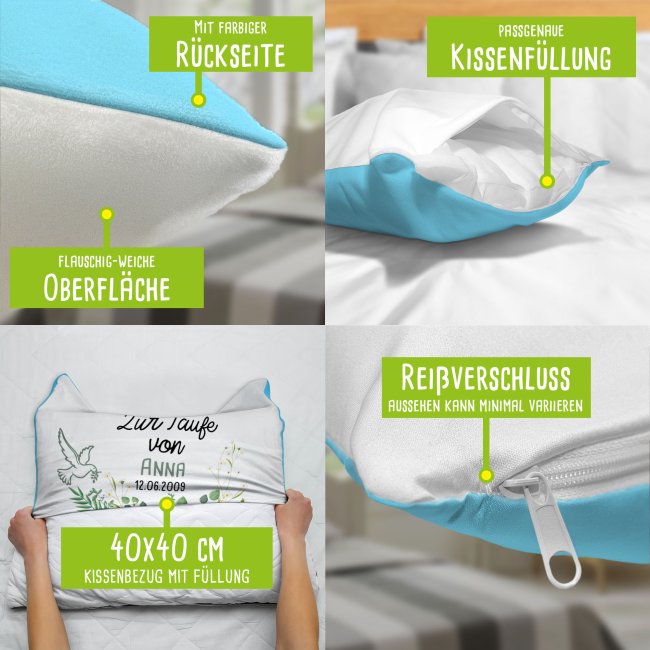 Kuscheliges Taufkissen - Kommt ein Kind zur Welt - mit Name und Datum personalisierbar - Hellblau Flauschig