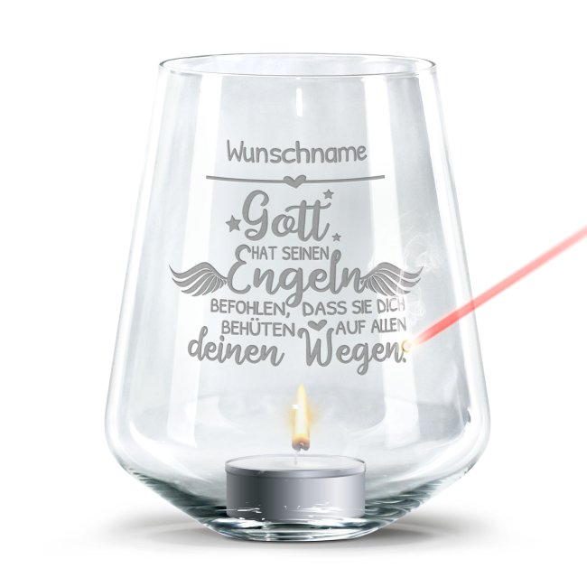 Graviertes Windlicht zur Taufe - Gott hat seinen Engeln - mit Name personalisierbar