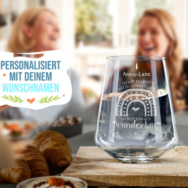 Graviertes Trinkglas mit Name und Spruch - Du bist wunderbar