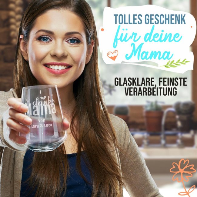 Trinkglas mit Gravur f&uuml;r Mama mit Spruch - Danke Mama - mit Name personalisierbar