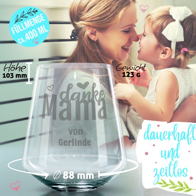 Trinkglas mit Gravur f&uuml;r Mama mit Spruch - Danke Mama - mit Name personalisierbar