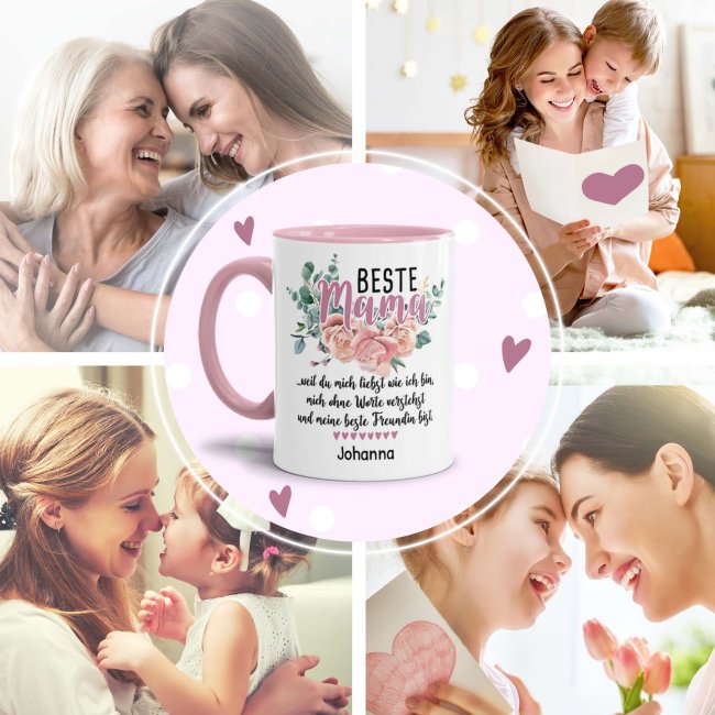 Tasse f&uuml;r Mama - Weil du mich liebst - mit Name personalisierbar - Innen &amp; Henkel Rosa