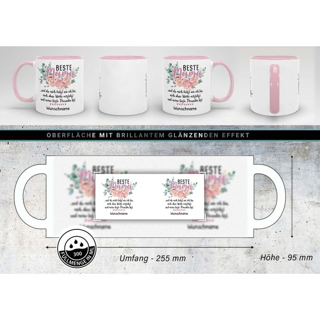 Tasse f&uuml;r Mama - Weil du mich liebst - mit Name personalisierbar - Innen &amp; Henkel Rosa