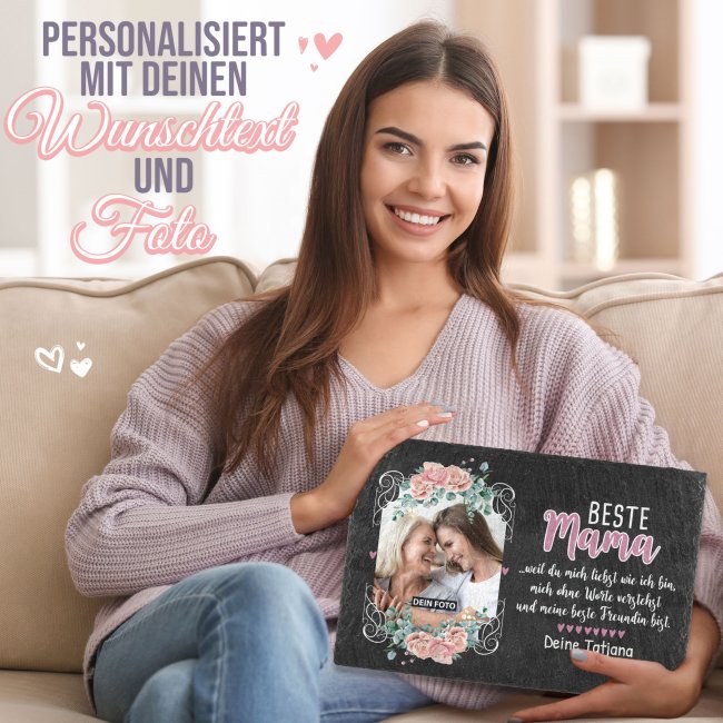 Schiefersteinplatte mit Foto und Wunschtext - Beste Mama - 20 x 30 cm mit Staffelei
