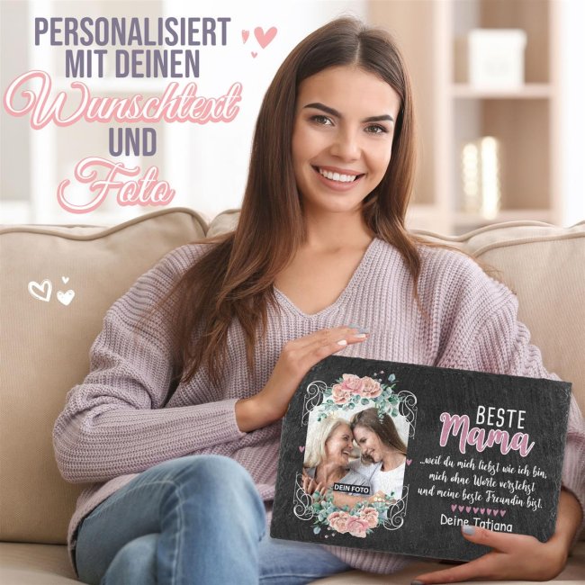 Schiefersteinplatte mit Foto und Wunschtext - Beste Mama - 20 x 30 cm mit Staffelei