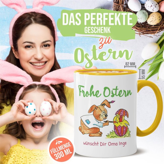 Tasse mit Osterhase und K&uuml;ken- mit Wunschtext personalisierbar