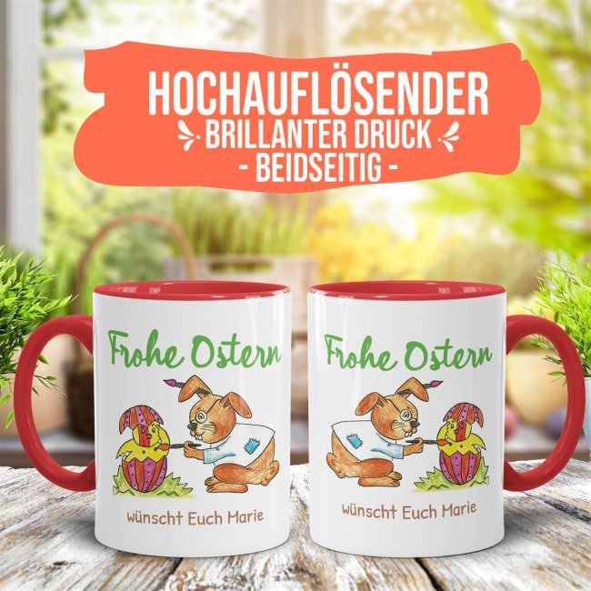 Tasse mit Osterhase und K&uuml;ken - mit Wunschtext personalisierbar - Innen &amp; Henkel Rot