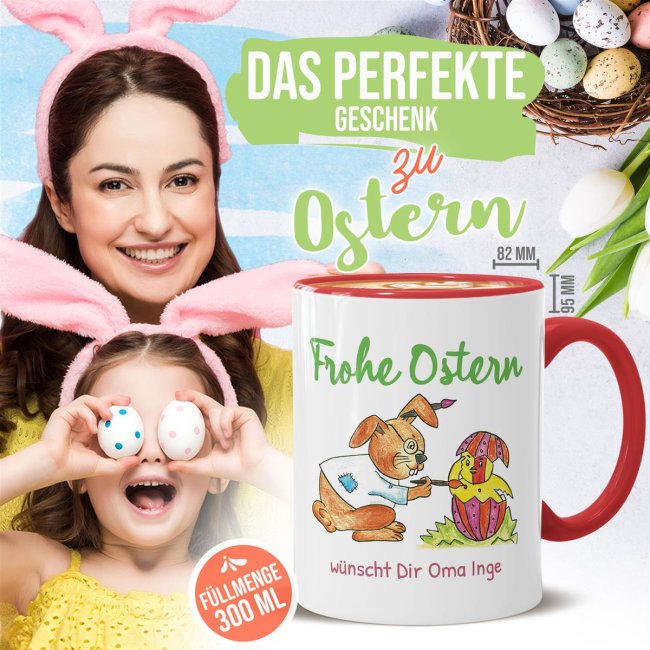 Tasse mit Osterhase und K&uuml;ken - mit Wunschtext personalisierbar - Innen &amp; Henkel Rot