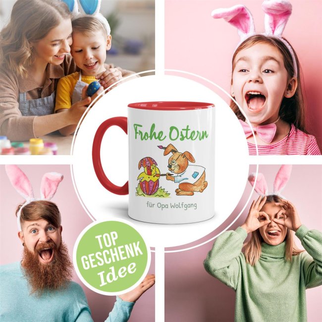 Tasse mit Osterhase und K&uuml;ken - mit Wunschtext personalisierbar - Innen &amp; Henkel Rot