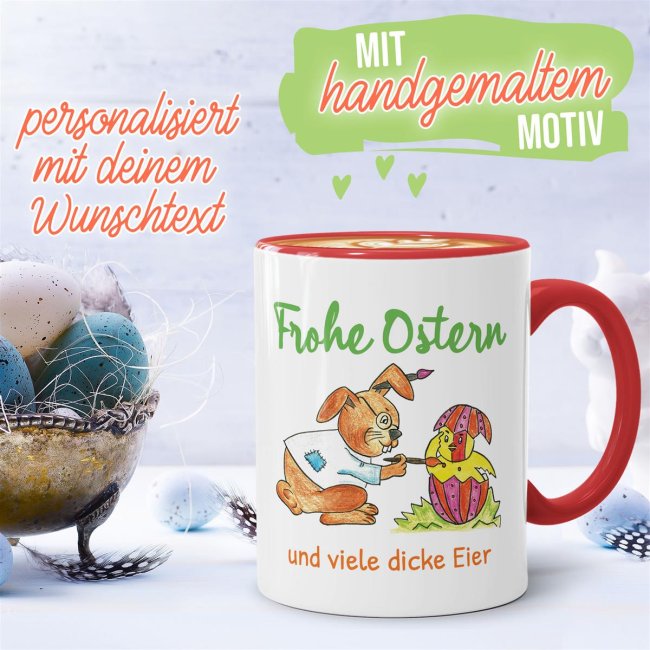 Tasse mit Osterhase und K&uuml;ken - mit Wunschtext personalisierbar - Innen &amp; Henkel Rot