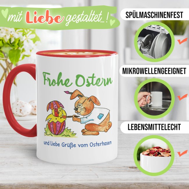 Tasse mit Osterhase und K&uuml;ken - mit Wunschtext personalisierbar - Innen &amp; Henkel Rot