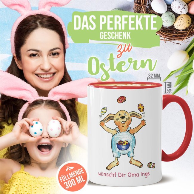 Tasse mit Osterhase - Eier-Jongleur - mit Wunschtext personalisierbar