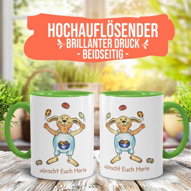 Tasse mit Osterhase - Eier-Jongleur - mit Wunschtext personalisierbar - Innen &amp; Henkel Hellgr&uuml;n