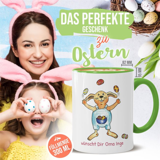 Tasse mit Osterhase - Eier-Jongleur - mit Wunschtext personalisierbar - Innen &amp; Henkel Hellgr&uuml;n