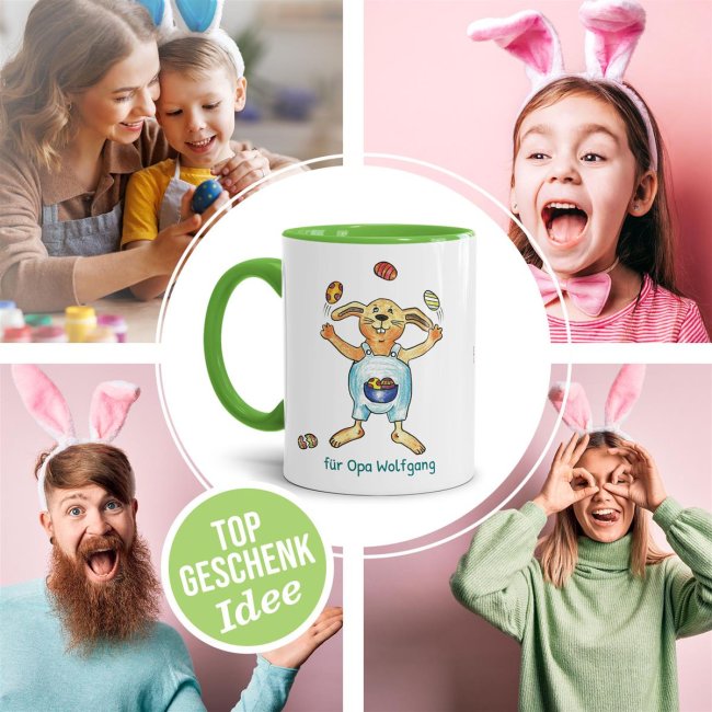 Tasse mit Osterhase - Eier-Jongleur - mit Wunschtext personalisierbar - Innen &amp; Henkel Hellgr&uuml;n