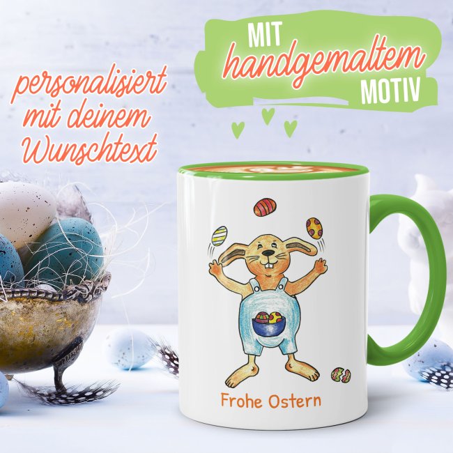 Tasse mit Osterhase - Eier-Jongleur - mit Wunschtext personalisierbar - Innen &amp; Henkel Hellgr&uuml;n