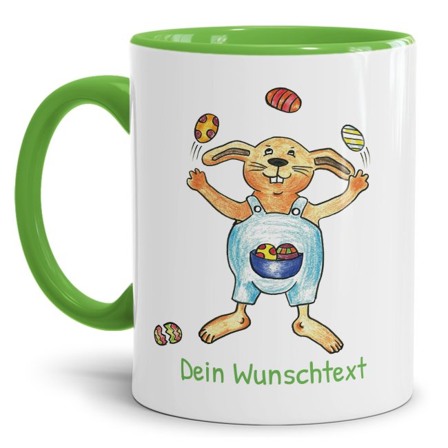 Tasse mit Osterhase - Eier-Jongleur - mit Wunschtext personalisierbar - Innen &amp; Henkel Hellgr&uuml;n