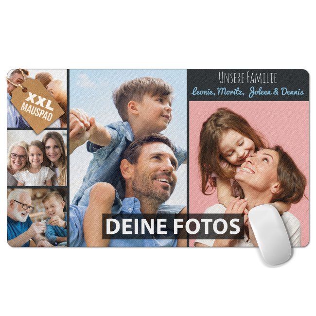 XXL Mousepad mit Fotocollage f&uuml;r 5 Fotos selbst gestalten - inkl. Wunschtext - 600 x 350 mm