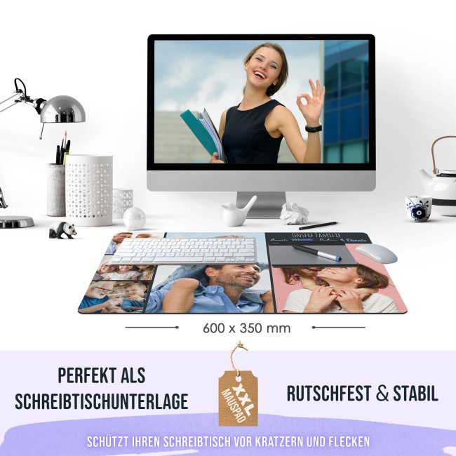 XXL Mousepad mit Fotocollage f&uuml;r 5 Fotos selbst gestalten - inkl. Wunschtext - 600 x 350 mm