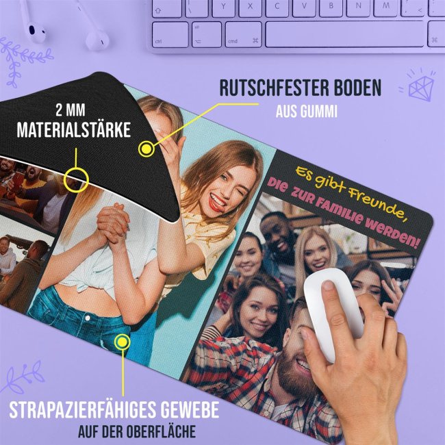 XXL Mousepad mit Fotocollage f&uuml;r 5 Fotos selbst gestalten - inkl. Wunschtext - 600 x 350 mm