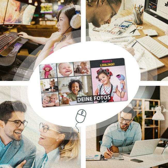 XXL Mousepad mit Fotocollage f&uuml;r 7 Fotos selbst gestalten - inkl. Wunschtext - 800 x 400 mm