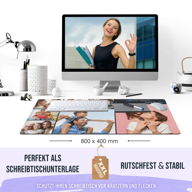 XXL Mousepad mit Fotocollage f&uuml;r 7 Fotos selbst gestalten - inkl. Wunschtext - 800 x 400 mm