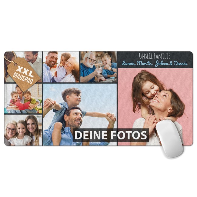 XXL Mousepad mit Fotocollage f&uuml;r 7 Fotos selbst gestalten - inkl. Wunschtext - 800 x 400 mm