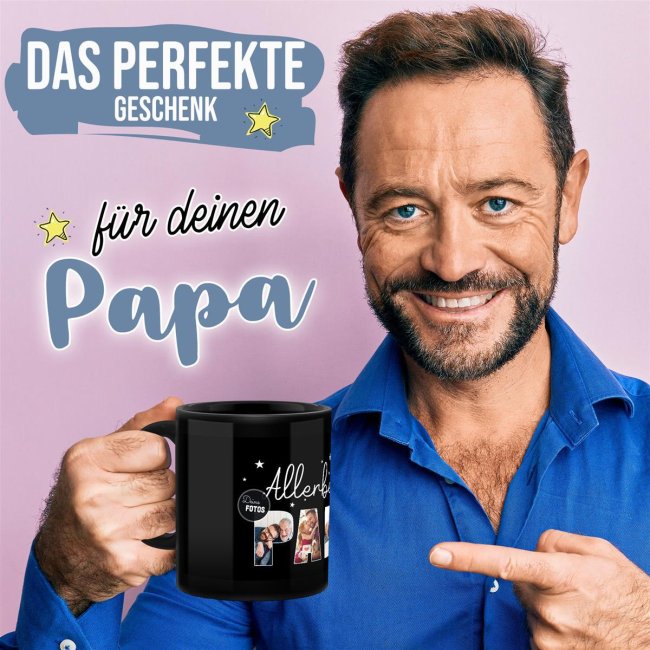 Schwarze Tasse - Allerbester Papa oder Opa - hochgl&auml;nzend - mit 3 oder 4 Fotos gestalten