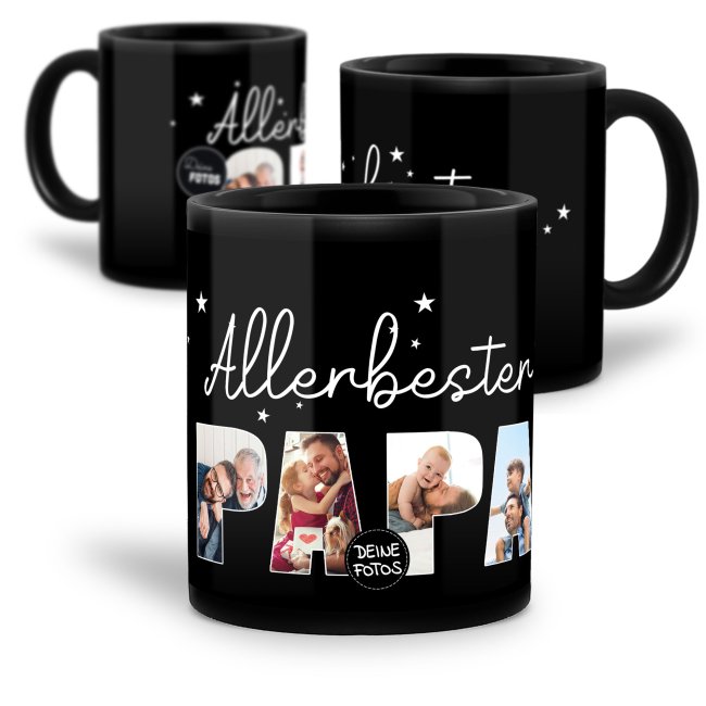 Schwarze Tasse - Allerbester Papa oder Opa - hochgl&auml;nzend - mit 3 oder 4 Fotos gestalten