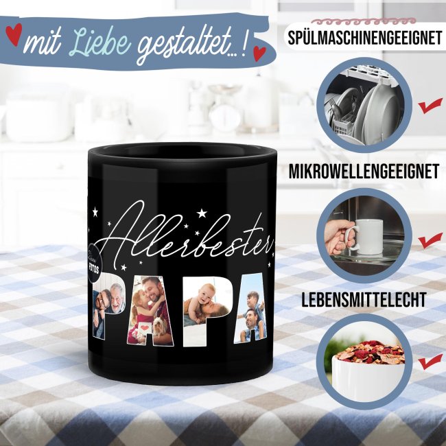 Hochgl&auml;nzende, schwarze Tasse - Allerbester Papa - mit 4 Fotos gestalten