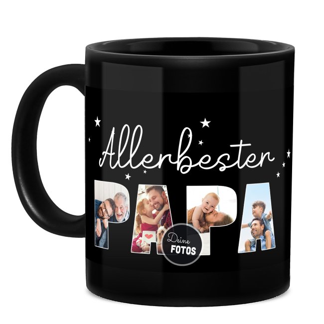 Hochgl&auml;nzende, schwarze Tasse - Allerbester Papa - mit 4 Fotos gestalten