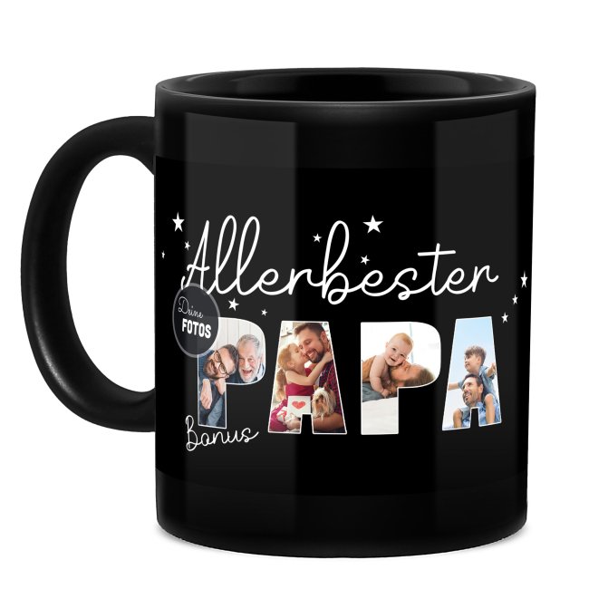 Hochgl&auml;nzende, schwarze Tasse - Allerbester Bonus-Papa - mit 4 Fotos gestalten