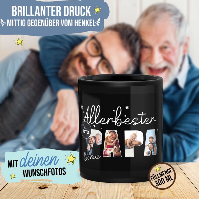 Hochgl&auml;nzende, schwarze Tasse - Allerbester Bonus-Papa - mit 4 Fotos gestalten