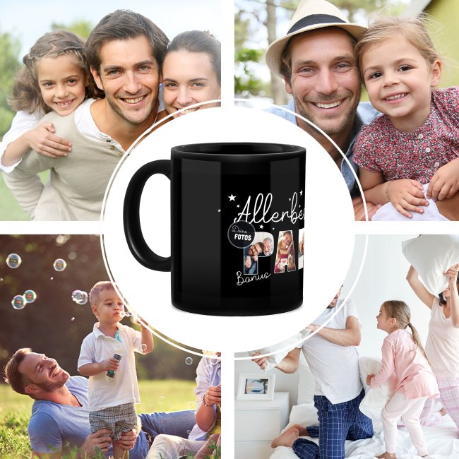 Hochgl&auml;nzende, schwarze Tasse - Allerbester Bonus-Papa - mit 4 Fotos gestalten