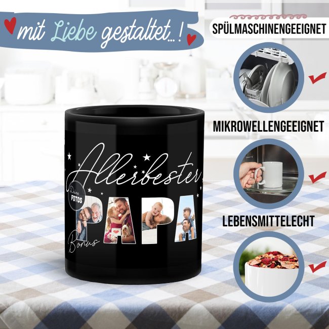 Hochgl&auml;nzende, schwarze Tasse - Allerbester Bonus-Papa - mit 4 Fotos gestalten