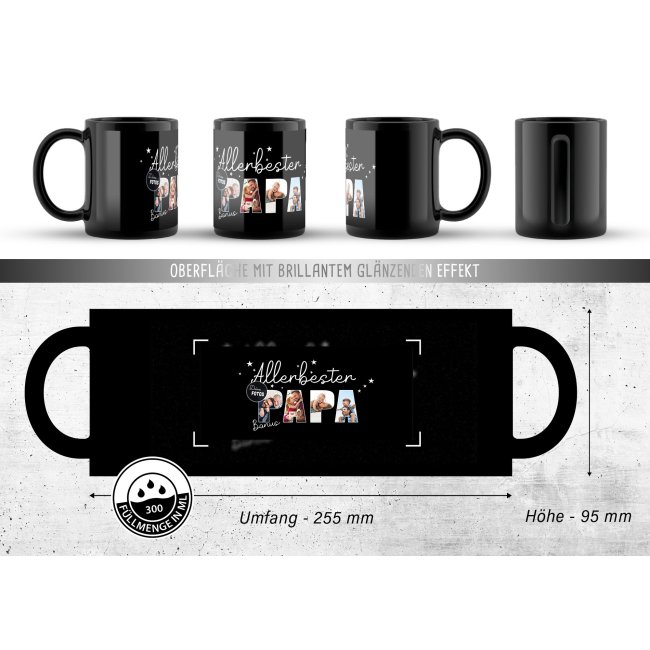 Hochgl&auml;nzende, schwarze Tasse - Allerbester Bonus-Papa - mit 4 Fotos gestalten